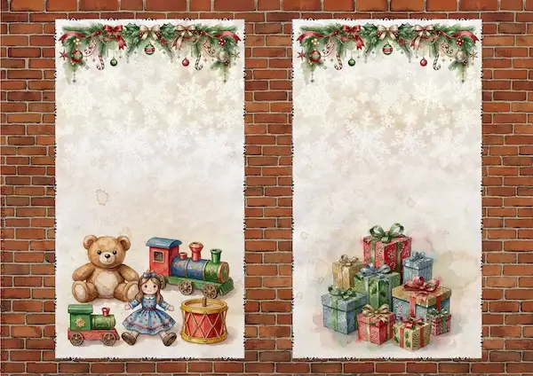 Christmas toys poster with teddy bear and train