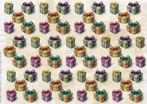 Seamless Christmas gift pattern, watercolor wrapped presents with bows