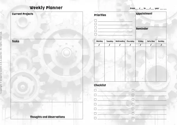 Printable Weekly Planner Pages For Men Inspired By Mechanical Gears