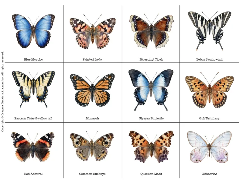 Printable butterfly specimen chart with 12 labeled species, from Blue Morpho and Painted Lady to Monarch and Cithaerias, used as a color reference