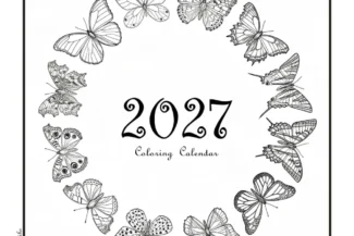 Free printable 2027 butterfly coloring calendar cover with a wreath of twelve butterfly line drawings