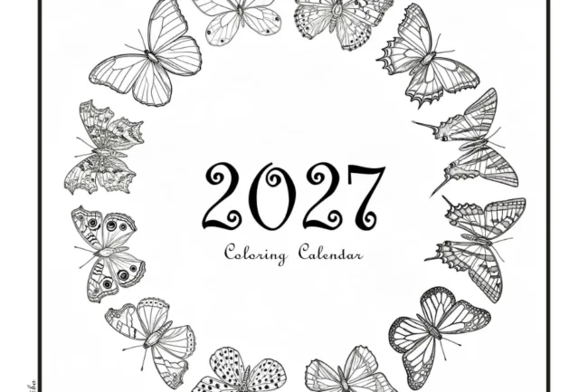 Saacibo Art by Dragana Gackic 3 Free printable 2027 butterfly coloring calendar cover with a wreath of twelve butterfly line drawings