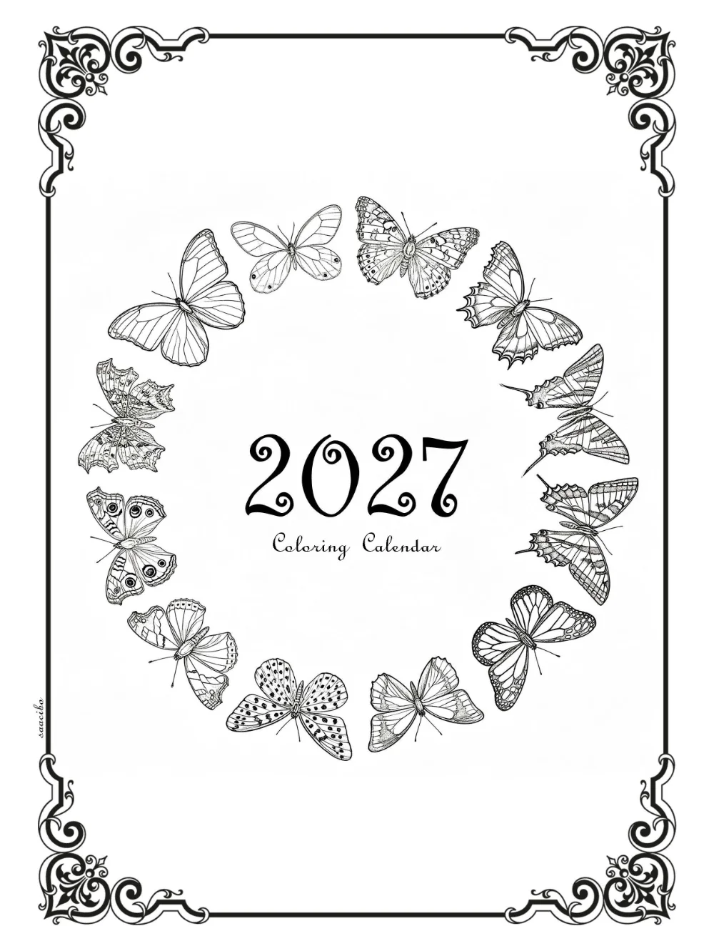 Free Downloads by Saacibo 3 Free printable 2027 butterfly coloring calendar cover with a wreath of twelve butterfly line drawings