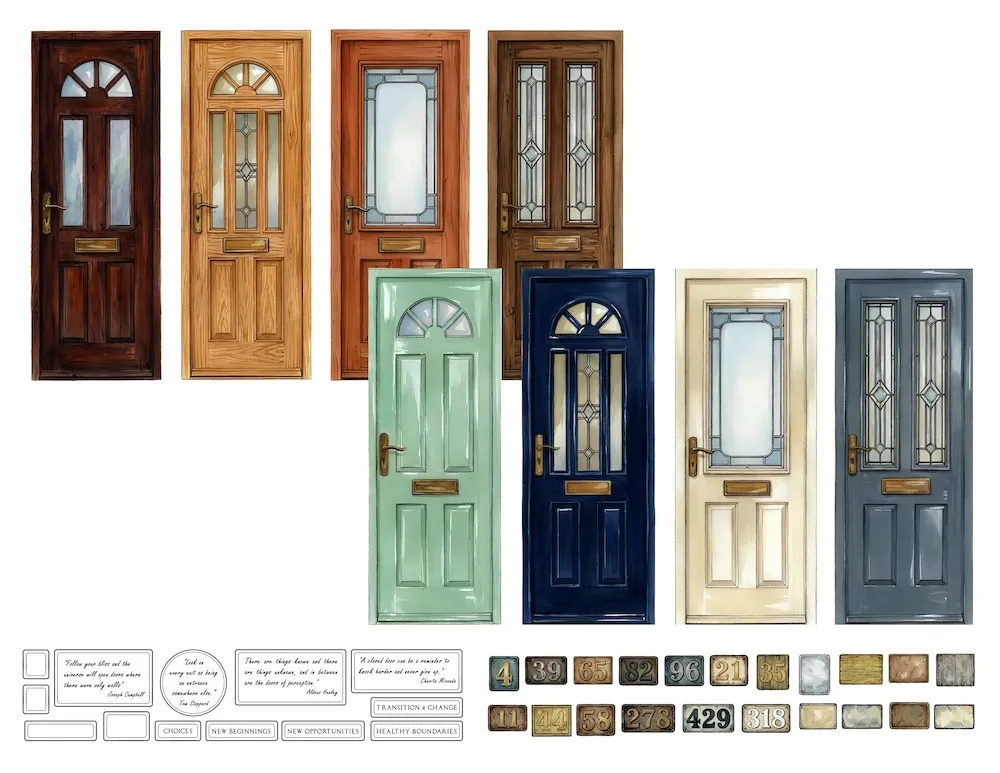 Free Downloads by Saacibo 3 Printable Watercolor Illustrations Doors and Inspirational Quotes - Cut Outs for Craft Projects, Miniature Houses or Cards