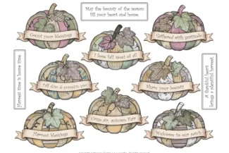 Free printable patchwork pumpkins with harvest sentiment banners for fall junk journals