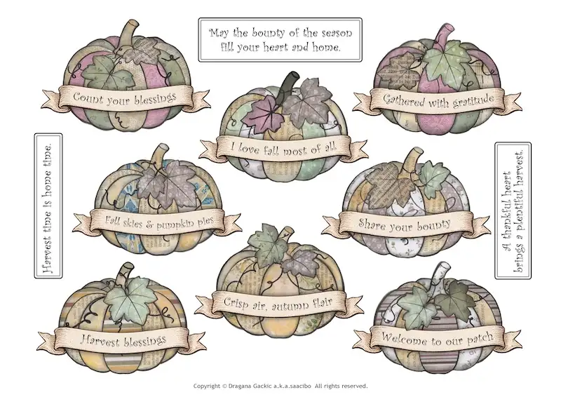 Free Downloads by Saacibo 2 Free printable patchwork pumpkins with harvest sentiment banners for fall junk journals