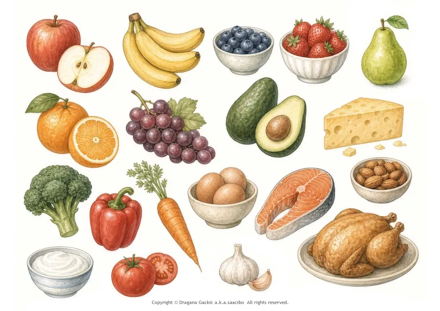 Watercolor Style Healthy Foods & Groceries Collection for Fussy Cuts