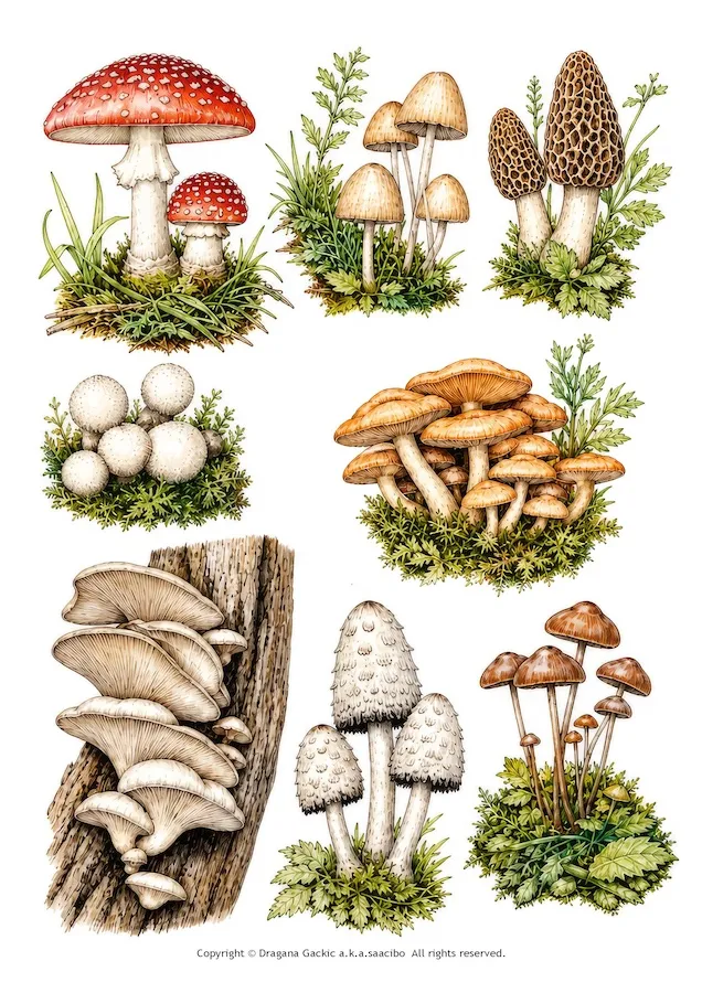 Free Watercolor Style Mushrooms Clipart Printable: Woodland Fussy Cuts for Junk Journals