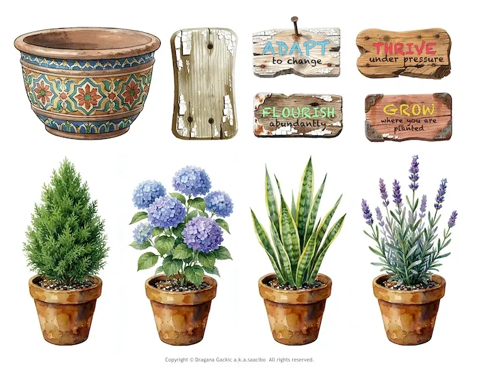 Printable Pots, Plants, Rustic Wood Signs and Inspirational words