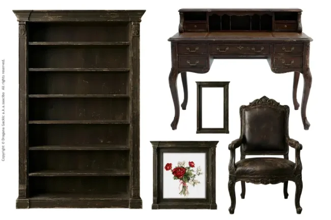 Saacibo Art by Dragana Gackic 2 Vintage Study Room - Dark Wood - Printable Furniture, Bookcase, Desk, Chair