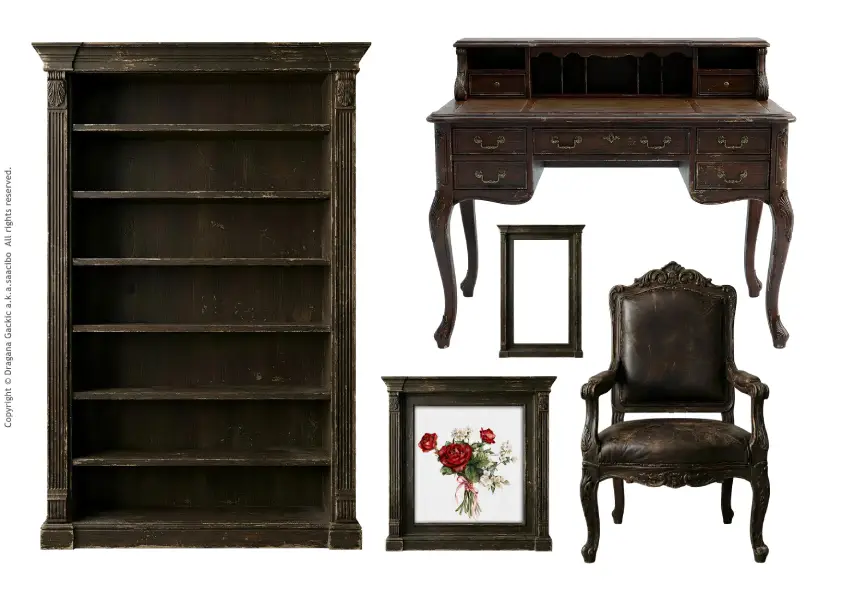 Vintage Study Room - Dark Wood - Printable Furniture, Bookcase, Desk, Chair