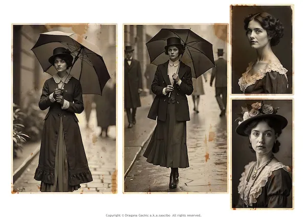 Moody Victorian Street Photography Collage - Vintage Women with umbrella