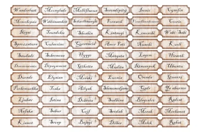 Cut out words describing complex emotions, cultural concepts, or specific natural phenomena