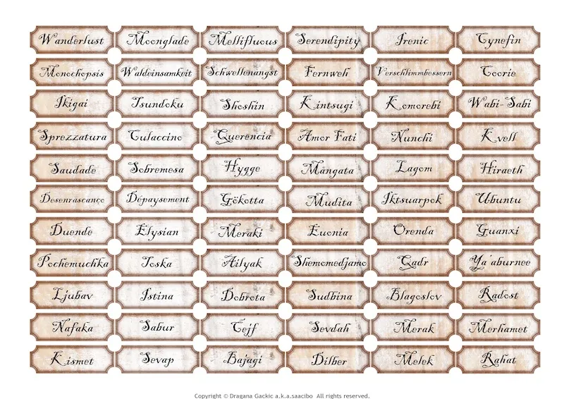 Cut out words describing complex emotions, cultural concepts, or specific natural phenomena