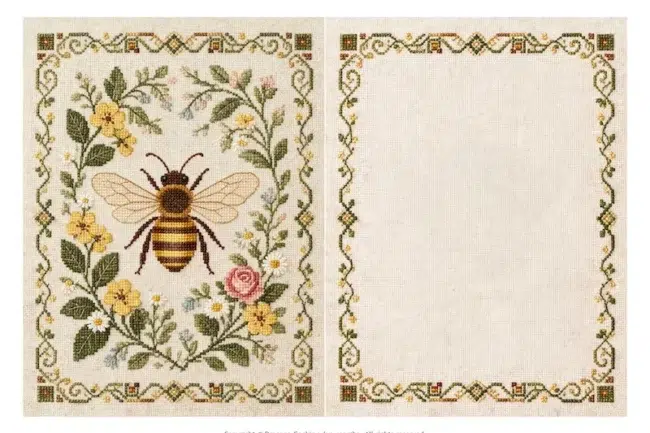 Saacibo Art by Dragana Gackic 3 Free printable faux cross stitch cards – honey bee in a wreath of yellow and pink flowers, with a blank framed panel