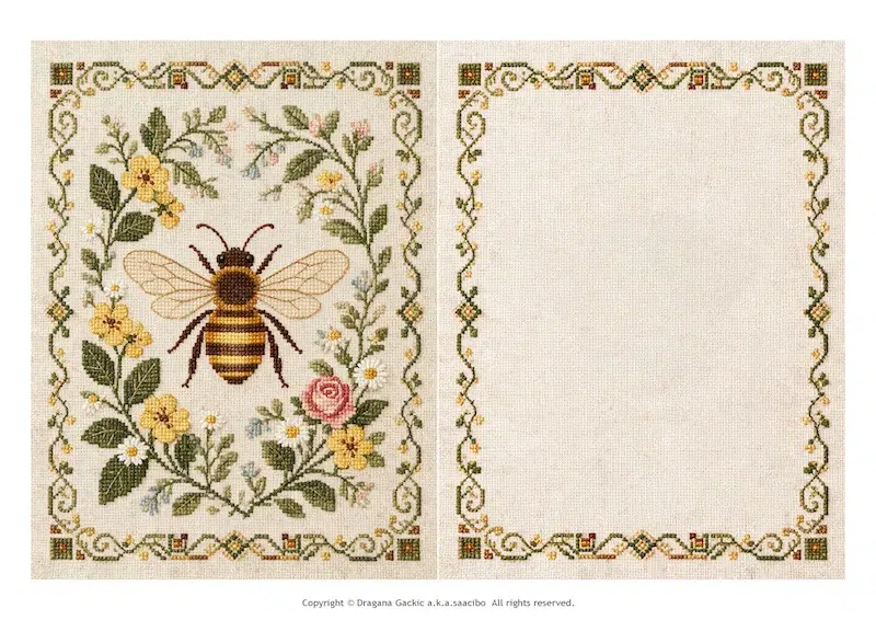 Free printable faux cross stitch cards – honey bee in a wreath of yellow and pink flowers, with a blank framed panel