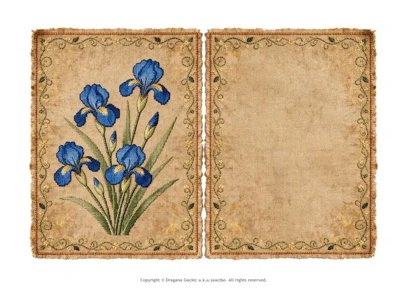 Printable faux cross stitch card with blue irises on fringed aged linen