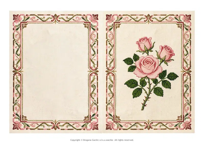 Faux cross stitch card with a pink rose spray and a pink and green stitched border