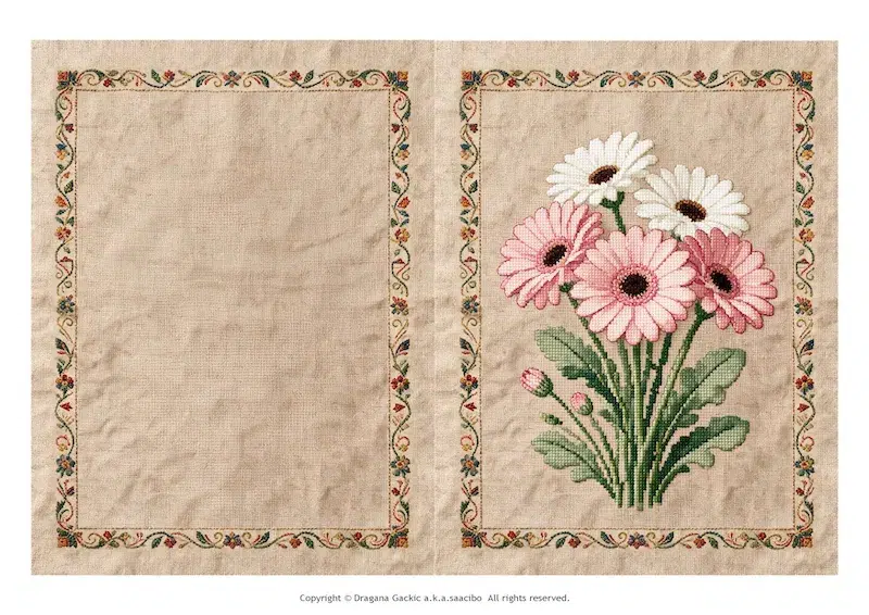 Faux cross stitch card with pink and white gerbera daisies on kraft-coloured linen