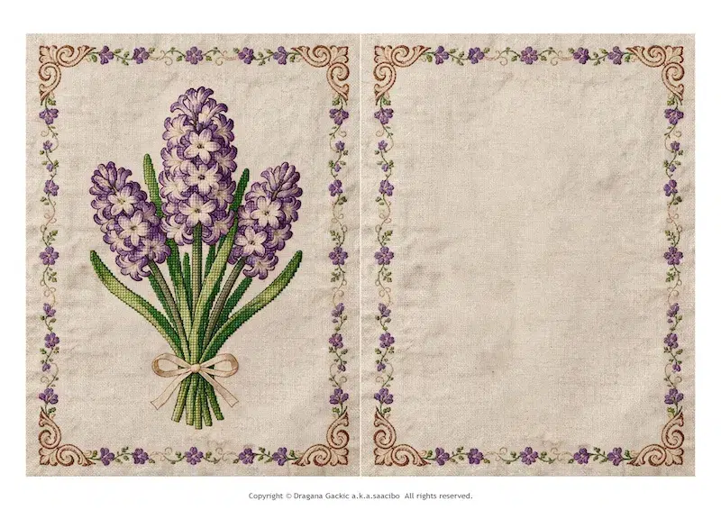 Faux cross stitch card with a purple hyacinth bouquet tied with a ribbon