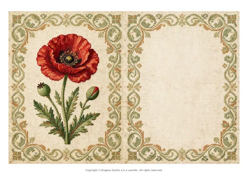 Printable faux cross stitch card with a red poppy and seed head in a green vine frame