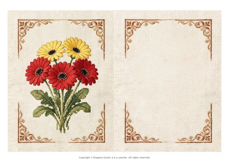 Faux cross stitch card with a bouquet of red and yellow gerbera daisies and gold corners