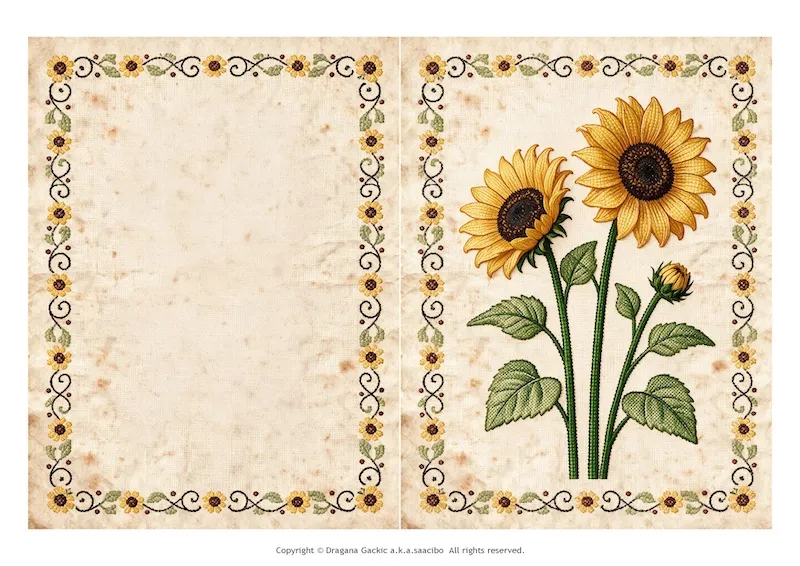 Printable cross stitch style card with two sunflowers on tea-stained linen