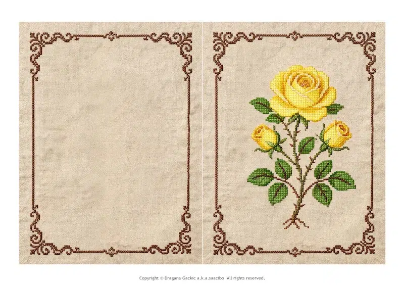 Printable faux cross stitch card with a yellow rose and buds in a brown stitched frame