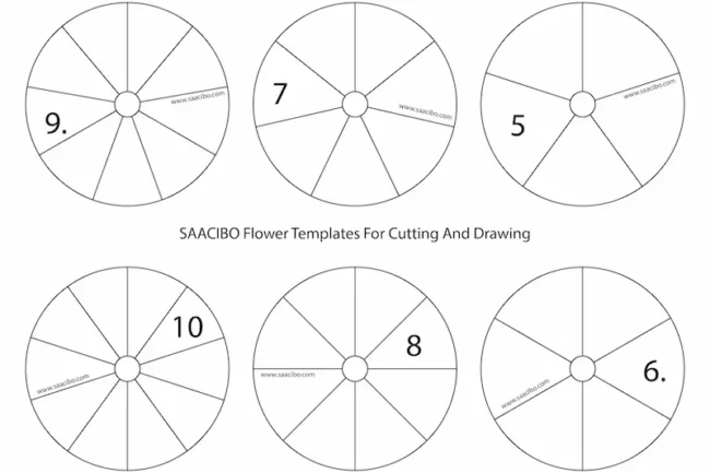 SAACIBO flower templates for cutting and drawing featuring six circles with 5 to 10 petal segments.